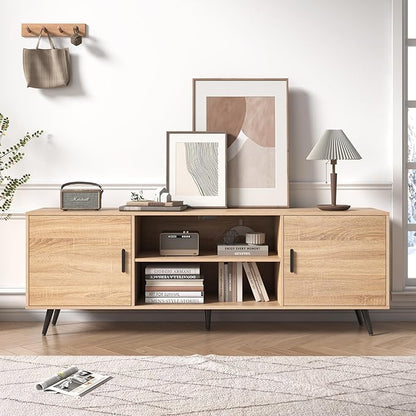 Mid Century Modern TV Stand - 70" for 75" TV, Wood with Storage, Entertainment Center for Living Room & Bedroom, Media Console, Oak