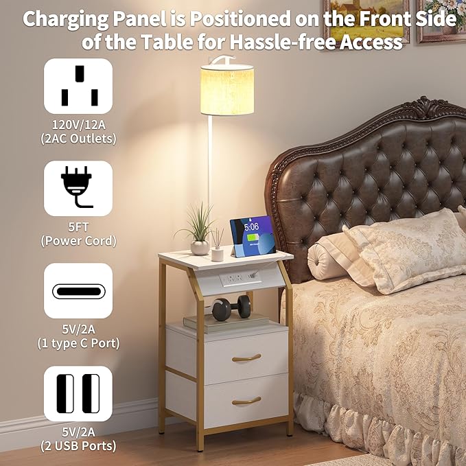 End Table with Floor Lamp, Nightstand with Charging Station, Floor Lamp Table with 3-Color Temperature Bulb, Bedside Table Night Stand with 2 Drawers for Bedroom, Living Room, Gold