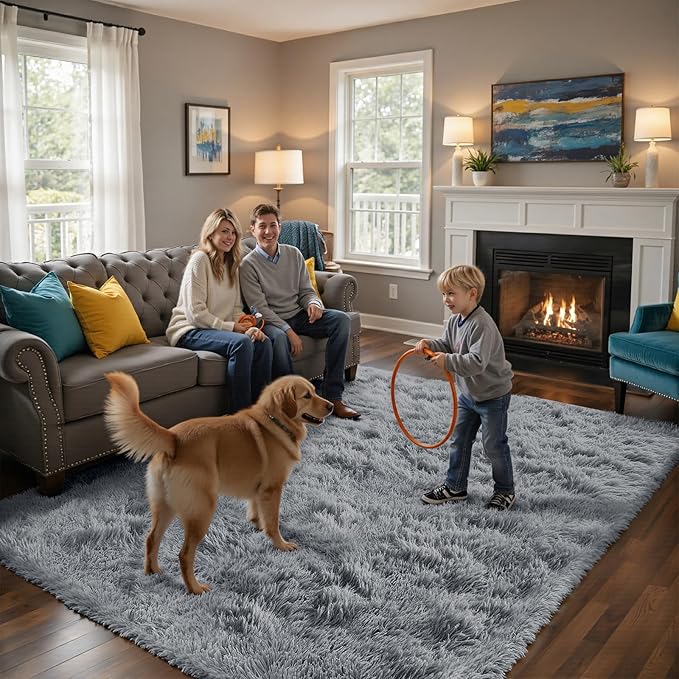 Fluffy Rug Shag Area Rug, Light Grey 4x6 Area Rugs for Bedroom, Small Bedside Rug, Soft Fluffy Shag Entryway Throw Rugs for Living Room Bedroom Kids Room Home Decor