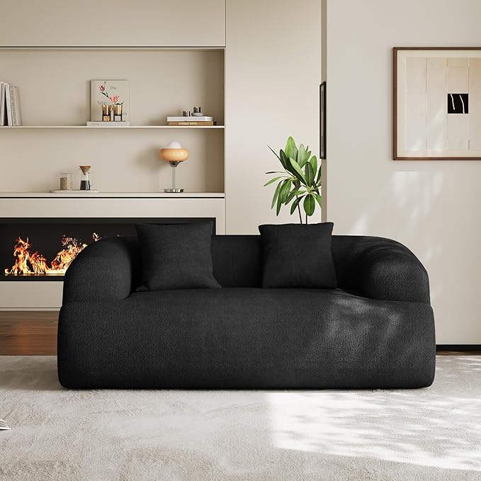 75" Boneless Cloud Loveseat, Modern Cute Curved Chenille Sofa, 2 Seater Compression Couch with 2 Pillows, No Assembly Required for Apartment Living Room, Black