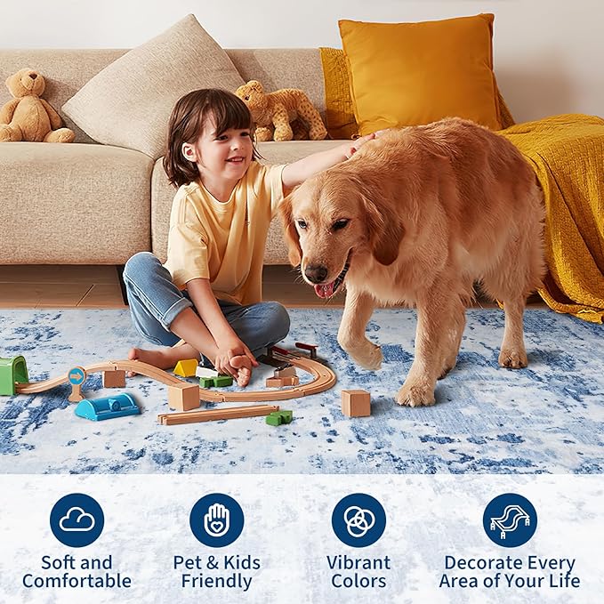 ROYHOME Modern Abstract Runner Rug 2x5 Washable Non Slip Stain Resistant Rug for Bedroom Living Room Non Shedding Low Pile Indoor Floor Cover,Light Blue