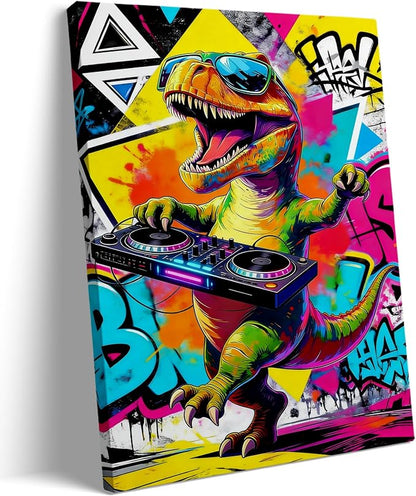 12x16 Inch Graffiti DJ Dinosaur Canvas Wall Art Prints, Colorful Music T-Rex with Turntable & Sunglasses Pop Decor, Vibrant Street Wall Photo for Teen Boy Game/Living Room, Funny Kids Bedroom Poster