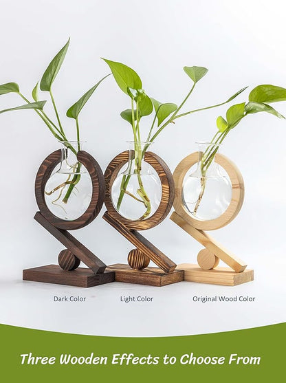 Glass Plant Propagation Station with Wooden Stand and Air Planter Bulb Vase, Planter Terrarium for Home Office Garden Boho Desk Decor,Mothers Day Vase (Natural Wood)