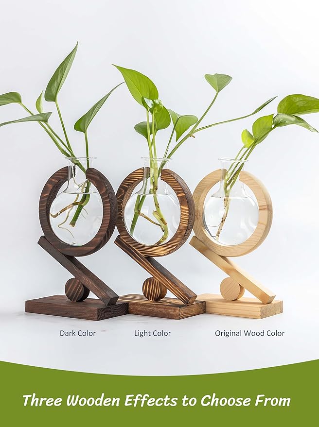 Glass Plant Propagation Station with Wooden Stand and Air Planter Bulb Vase, Planter Terrarium for Home Office Garden Boho Desk Decor,Mothers Day Vase (Dark Burnt Wood)