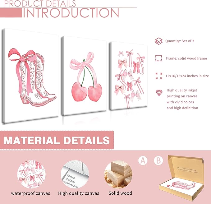 Fashion Pink Bows Wall Art Set of 3, Preppy Watercolor Cherry Cowboy Boots Wall Decor Posters, Cute Aesthetic Room Decor Canvas Prints Picture for College Girl Apartment Bedroom 16x24 Inch Framed