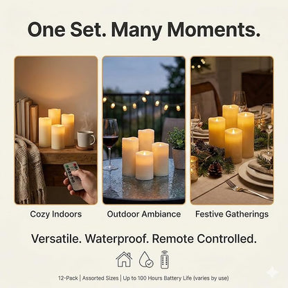 Waterproof Flameless Candles, 12 PC Battery Operated LED Pillar Candles with 2 Remote Controls & Timer, Flickering Indoor Outdoor Candles for Wedding, Patio, Easter, Bathroom, Home Decor, 4''5''6''