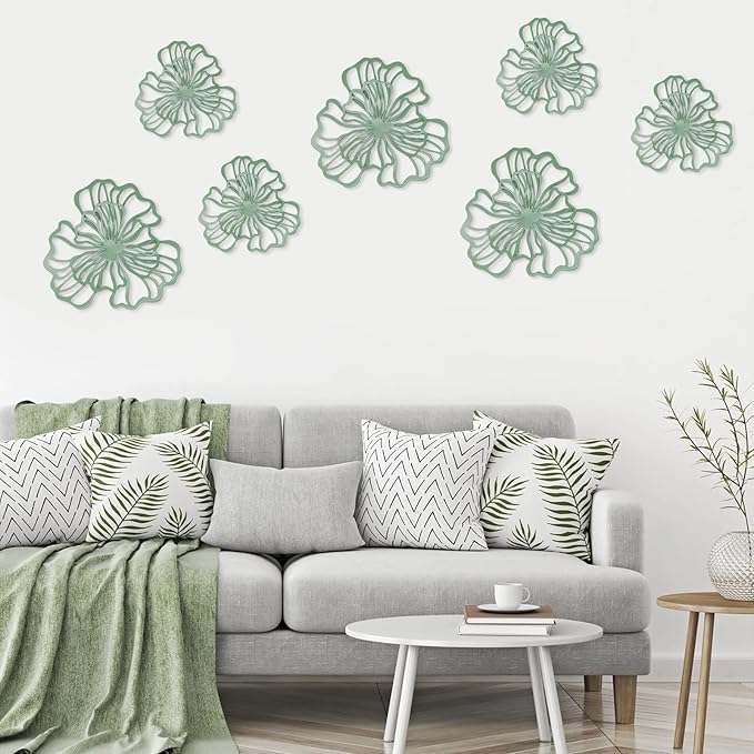 7 Piece Metal Wall Decor for Living Room, Boho Double Layered Iron Flower Wall Hanging Art, Aesthetic Indoor Metal Wall Sculpture Decor for Bedroom Kitchen Bathroom Farmhouse Home Office, Green