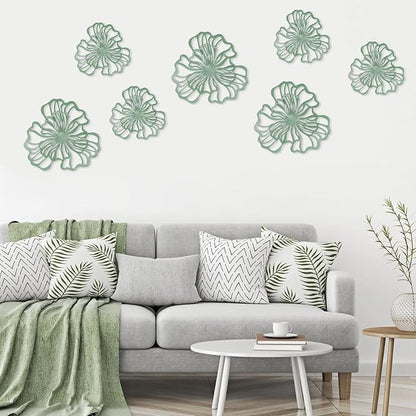 7 Piece Metal Wall Decor for Living Room, Boho Double Layered Iron Flower Wall Hanging Art, Aesthetic Indoor Metal Wall Sculpture Decor for Bedroom Kitchen Bathroom Farmhouse Home Office, Green