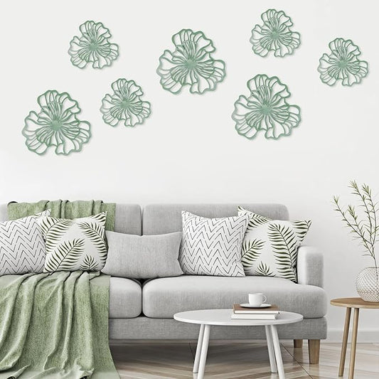 7 Piece Metal Wall Decor for Living Room, Boho Double Layered Iron Flower Wall Hanging Art, Aesthetic Indoor Metal Wall Sculpture Decor for Bedroom Kitchen Bathroom Farmhouse Home Office, Green