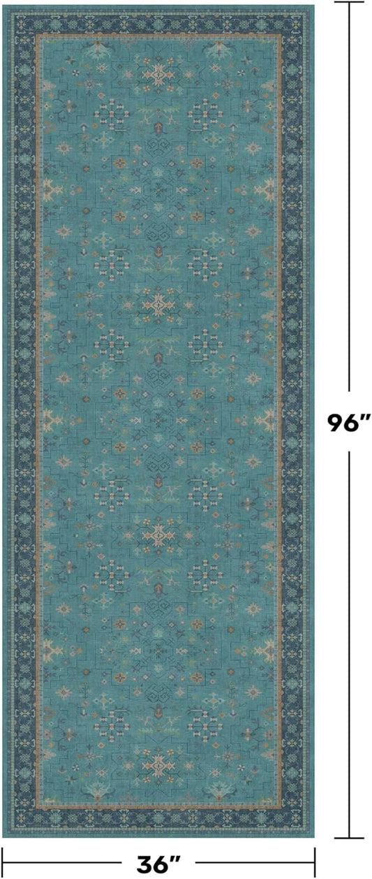 Washable 3x8 Throw Rug for Hallway - Teal Green Rugs for Entryway Indoor, Bedroom Bedside, Mudroom, Boho Eclectic Modern Décor, Non Slip Low Pile Fade Resistant
