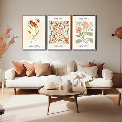 3 PCS Boho Floral Canvas Wall Art, Framed Rustic Botanical Canvas Paintings Prints ArtWork for Living Room, Vintage Flower Pictures for Farmhouse Dining Room Hallway Bedroom Wall Decor 24"x36"
