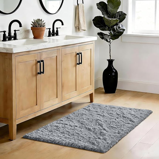 Fluffy Rug Shag Area Rug, Light Grey 3x5 Area Rugs for Bedroom, Small Bedside Rug, Soft Fluffy Shag Entryway Throw Rugs for Living Room Bedroom Kids Room Home Decor