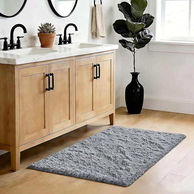 Fluffy Rug Shag Area Rug, Light Grey 2x4 Area Rugs for Bedroom, Small Bedside Rug, Soft Fluffy Shag Entryway Throw Rugs for Living Room Bedroom Kids Room Home Decor
