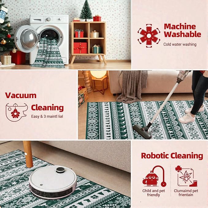 Area Rugs for Bedroom, 5x7 Ft Indoor Washable Rugs for Entryway Snowflake Print Living Room Carpet, Farmhouse Welcome Front Door Mat Non Slip Carpet for Entrance Porch Bath Kitchen, Green/White