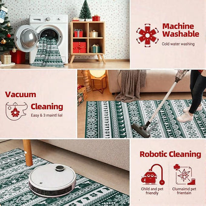 8x10 Area Rugs for Living Room, Washable Christmas Vintage Floral Carpet, Non Slip Low Pile Soft Large Snowflake Print Rugs for Bedroom Bedside Farmhouse Dining Room Kids Nursery, Green/White