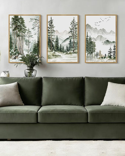 Drsoum Green Tree Forest Mountain Framed Wall Art Nature Landscape Prints Morden Wilderness Artwork Hallway Bedroom Ready to Hang 16x24in Natural Framed