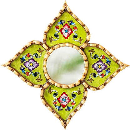 Small Green Peruvian Mirrors for wall Holiday – Diamond/Square Shape wall Artisan Mirror in Painted Glass with Gold Leaf Frame (Lime Green)