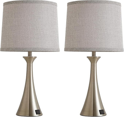 Touch Lamp for Living Room Bedroom, 21" Table Lamps Set of 2 with USB C+A Ports and Grey Lamp Shades, Touch Bedside Lamps for Nightstand with 3 Way Dimmable, 2 LED Bulbs Included, Silver