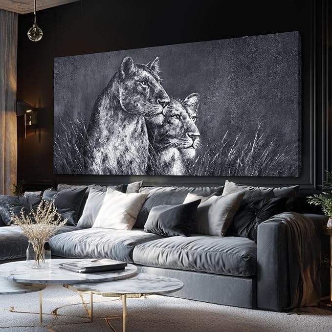 ZENPEE 29"x58" Lion Wall Art - Black & White Spray Print Canvas, Oversized Animal Decor for Bedroom, Living Room, Office - Ready to Hang