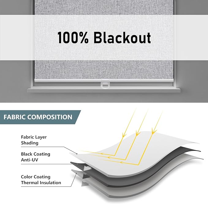 Cordless Roller Shades Blackout Blinds for Windows Room Darkening Rolled Up Shades with Spring System, UV Protection Natural Linen Fabric Window Shades Door Blinds for Home,41" W x 72" H, Heather Grey