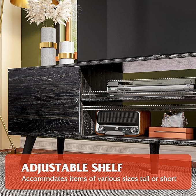 WLIVE Mid-Century Modern TV Stand for 55/60 Inch TV, Entertainment Center with Storage & Adjustable Shelves, Media Console with Soft-Close Cabinets for Living Room/Bedroom, Dark Black