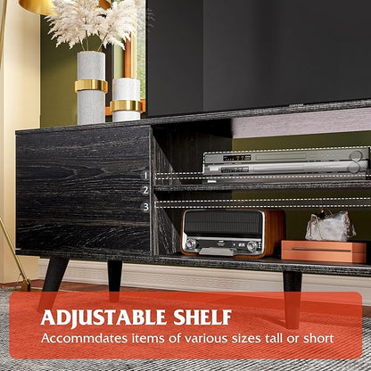 WLIVE Mid-Century Modern TV Stand for 55/60 Inch TV, Entertainment Center with Storage & Adjustable Shelves, Media Console with Soft-Close Cabinets for Living Room/Bedroom, Dark Black