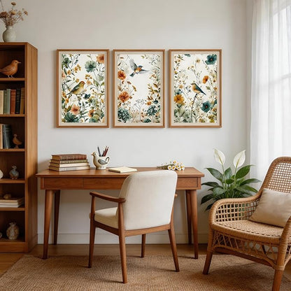 CHDITB Framed Rustic Birds Wildflowers Wall Art Set, 3 Pieces Vintage Chinoiserie Birds on Floral Branch Botanical Canvas Artwork, Large Boho Neutral Nature Watercolor Cottagecore Country Painting Decor for Bedroom Office(16"L x 24"W)