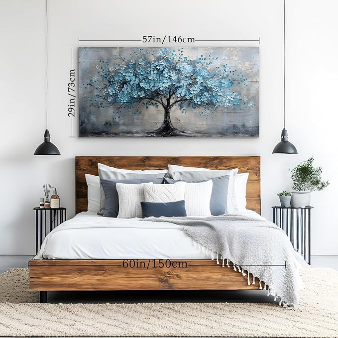 crmotu Tree of Life Large Wall Art for Living Room, Cherry Blossom Abstract Canvas Art Prints, Blue Flowers Tree Pictures Wall Decor, Nature Plant Modern Bedroom Bathroom Office Decor 29"X57"