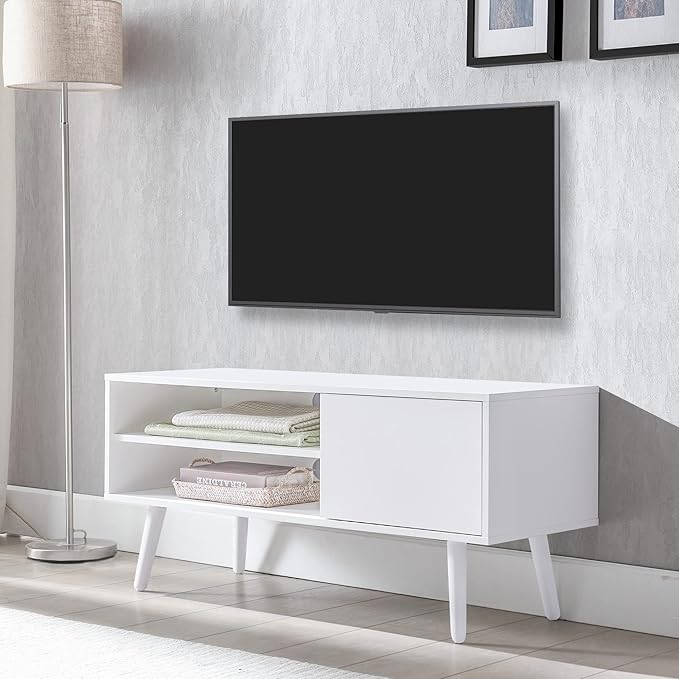 Cozy Castle TV Stand for 48-55 Inch TV, Mid Century Modern Entertainment Center with Storage Cabinet, TV Media Console with Charging Station for Living Room (White, 43.3" W x 15.7" D x 19.5" H)