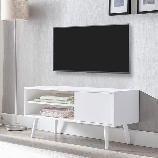 Cozy Castle TV Stand for 48-55 Inch TV, Mid Century Modern Entertainment Center with Storage Cabinet, TV Media Console with Charging Station for Living Room (White, 43.3" W x 15.7" D x 19.5" H)
