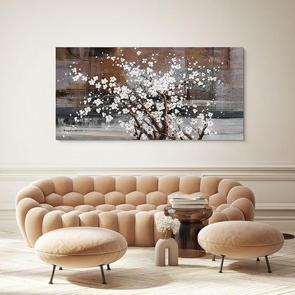 Wall Art for Living Room Large Modern Wall Decor Canvas Paintings for Wall Decorations White Flower Graffiti on Brown Background Bedroom Office Artwork Plum Blossom Art Prints Framed 24x48 inches
