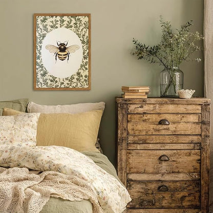 Framed Vintage Bee Wall Art, Rustic Insect Pictures Wall Decor, 3D Textured Sandstone Green Botanical Paintings Prints Cottagecore Home Decor for Living Room Bedroom Office 16x24 inch