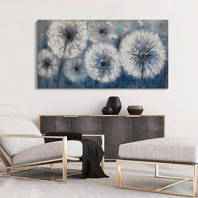 Dandelion Wall Art Blue Large Picture for Living Room Canvas Art Wall Decor Above Bed White Flower Artwork for Walls Wall Paintings Modern Art Aall Decor Framed Wall Art for Bedroom 29×58IN