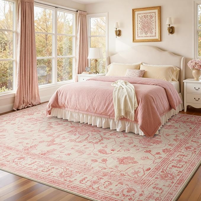 RELEANY Area Rugs 9'x12' Washable Non-Slip, Floral Vintage Distress Print Pattern Medallion Carpet for Living Room Bedroom Dining Room, Pink Light Vintage Pink
