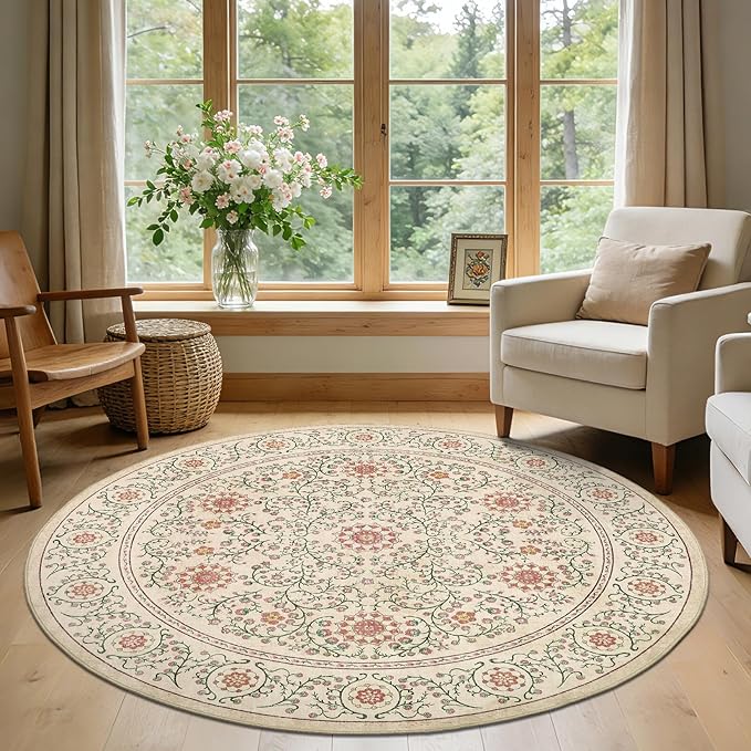 GarveeHome Boho Round Rugs 6ft for Living Room Non Slip, Vintage Botanical Circle Rug Washable Area Rug for Dining Room Stain Resistant, Low Pile Soft Camel Circular Carpet for Nursery Kitchen