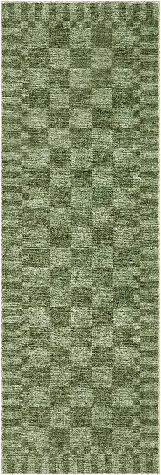 GarveeHome 2.5×8 Kitchen Runner Rug Non Slip,Moss Green Checkered Rug,Washable Runner Rug for Hallway Soft Low-Pile Geometric Checkerboard Rugs for Entryway Kitchen Dining Room