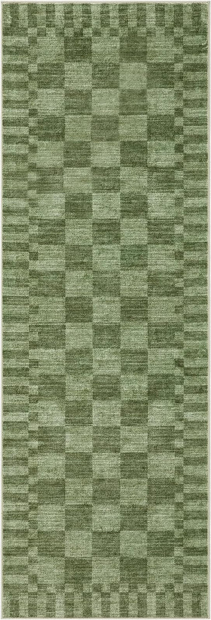 GarveeHome 2.5×8 Kitchen Runner Rug Non Slip,Moss Green Checkered Rug,Washable Runner Rug for Hallway Soft Low-Pile Geometric Checkerboard Rugs for Entryway Kitchen Dining Room