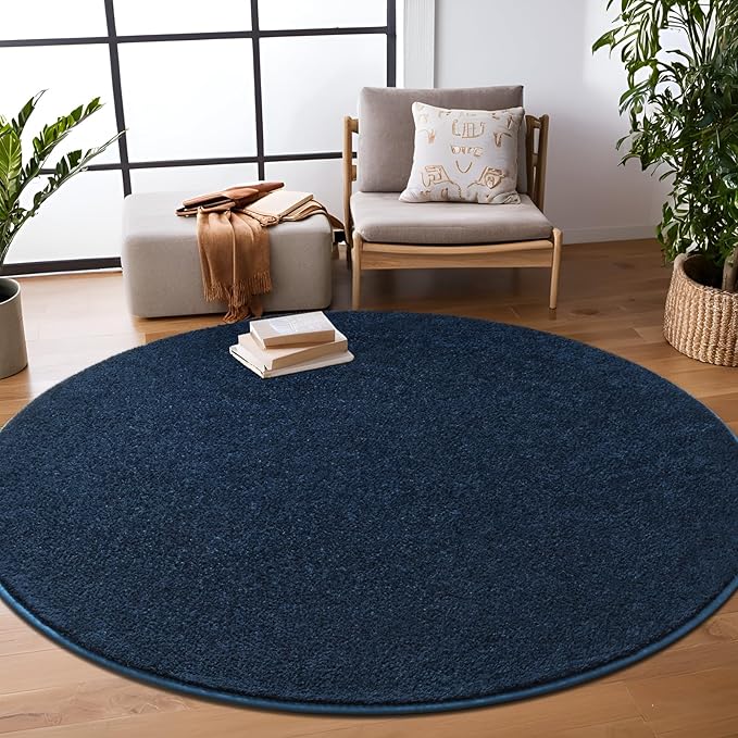 Navy Blue Round Area Rugs for Living Room Bedroom, 4x4 Feet Ultra Soft Memory Foam Modern Indoor Circle Carpet, Non-Slip Comfy Washable Circular Rug for Boys Girls Nursery Room Home Decor