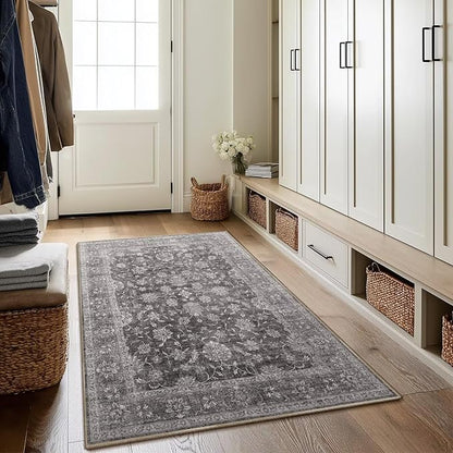 Washable 4x6 Rugs for Living Room, Boho Non-Slip Vintage Distress Small Rugs for Bedroom Nursery Office, 0.3" Neutral Oriental Throw Thin Carpet with Cushioning Pad, Grey/Multi, E3