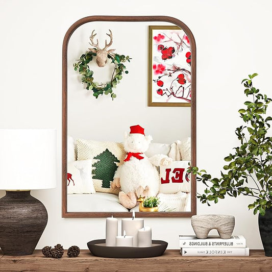 24"x36" Arch Wall Mirror Bathroom Mirror for Wall Mounted, Tempered Glass, Wood Grain Finish Frame Wall Mirror Decorative for Living Room Bedroom Entryway, Walnut