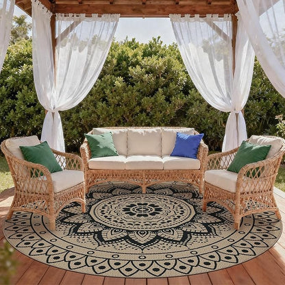 Easy Jute Outdoor Round Rug, 8ft Washable Indoor Outdoor Patio Rug, Black Non Slip Round Area Rug Farmhouse, Boho Carpet for Backyard Patio