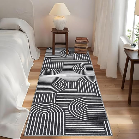 ROYHOME Modern Rug 2.5x10 Runners for Hallways, Abstract Kitchen Runner Rugs Non Slip Bath Mat, Rainbow Washable Runner Rug for Bedroom, Soft Long Rugs for Entryway Bathroom Laundry Dorm, Black