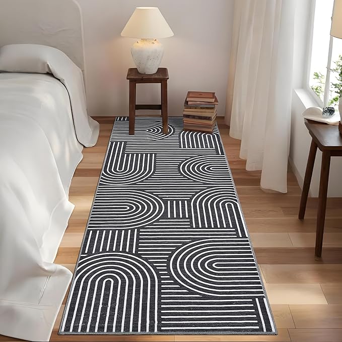ROYHOME Modern Rug 2x6 Runners for Hallways, Abstract Kitchen Runner Rugs Non Slip Bath Runner, Rainbow Washable Runner Rug for Bedroom, Soft Long Rugs for Entryway Bathroom Laundry Dorm, Black