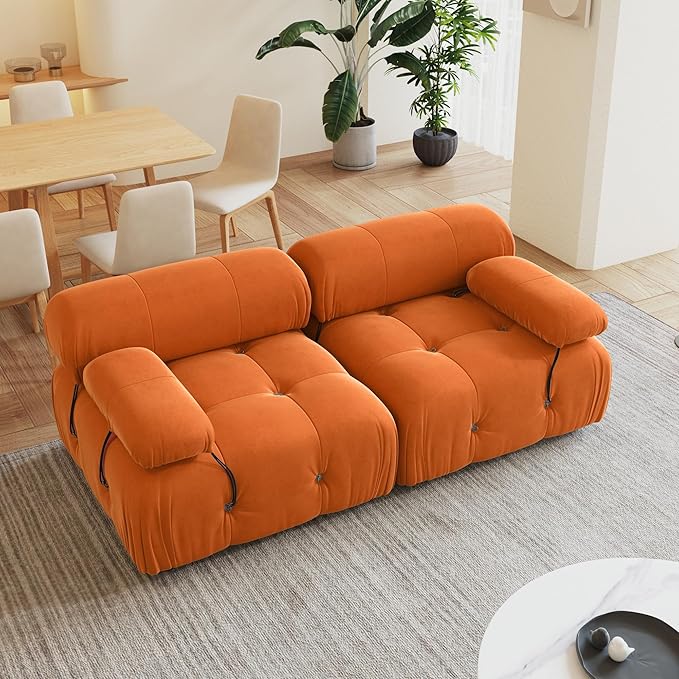 69'' Modular Sectional Sofa, Modern Luxury Velvet Loveseat Sofa, Minimalist Bubble Couch, Deep Seat Cloud Sectional Couches for Living Room, Apartment (2 Seats, Orange)