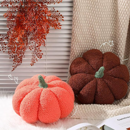 Kajaia 2 Pcs Simulated Pumpkin Plush Pillow 11 x 9.5 Inch 3D Cushion Fall Decorations Stuffed Throw Pillows Toy for Fall Halloween Thanksgiving Bedroom Sofa Couch Supplies (Orange,Brown)