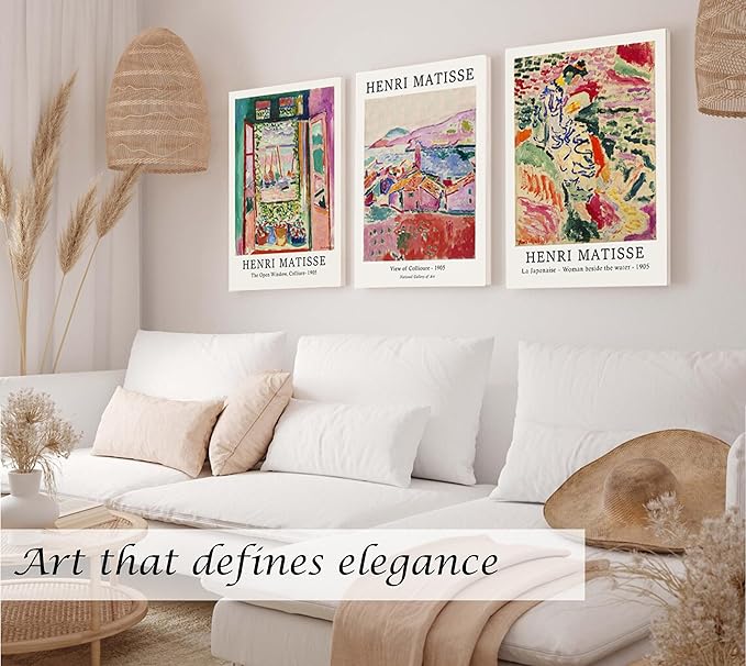 Induslyfe Large Framed Retro Vintage Wall Art Canvas Decor Set of 3, Matisse Prints Poster Modern Art, Sage Green Aesthetic Floral Botanical for Bedroom Living Room Bathroom 18x24