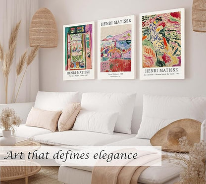 Induslyfe Large Framed Retro Vintage Wall Art Canvas Decor Set of 3, Matisse Prints Poster Modern Art, Sage Green Aesthetic Floral Botanical for Bedroom Living Room Bathroom 18x24