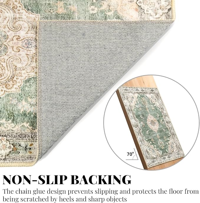 MUJOO Hallway Runner Rug - Machine Washable Non Slip Boho Green Runner for Hallways, Entryway, Kitchen, Bathroom, Bedside - Retro Soft Low-Pile 2'x6' Blossom.