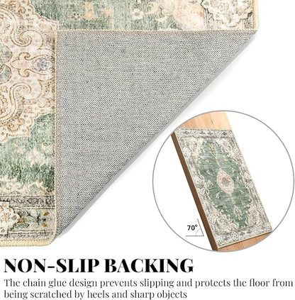 MUJOO Hallway Runner Rug 2'x8' Green Long Rug Runners Boho Machine Washable Non Slip Carpet for Entryway Kitchen Bathroom Bedside Retro Soft Low-Pile Blossom