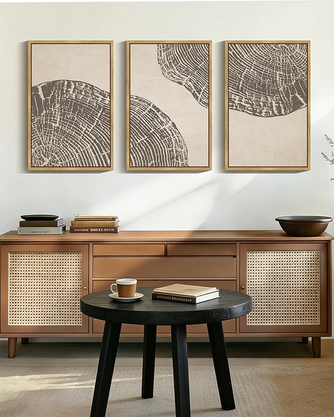 PHOPAGO Farmhouse Vintage Framed Wall Art Large 16x24in Set Gray Wood Tree Ring Spirals Nature Abstract Drawings Rustic Modern Art Decor for Living Room Bedroom - Natural Framed
